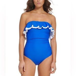 Tommy Hilfiger Flounce ruffle shoulder bathing suit one piece blue tummy 10